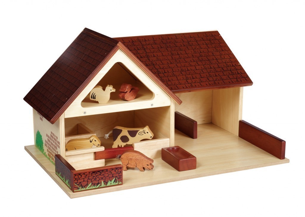 Großer Bauernhof + 4tlg. Bauern-Familie + 8 Bauernhof-Tiere aus Holz